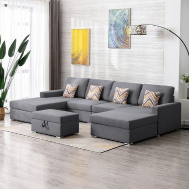 Nolan Gray Linen Fabric 5Pc Double Chaise Sectional Sofa With Interchangeable Legs, Storage Ottoman, And Pillows