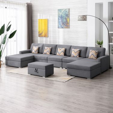 Nolan Gray Linen Fabric 6Pc Double Chaise Sectional Sofa With Interchangeable Legs, Storage Ottoman, And Pillows