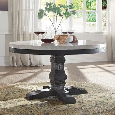 Nolan White Marble and Salvage Dark Oak Pedestal Dining Table