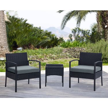 Noli Steel Rattan 3-Piece Patio Conversation Set With Cushions In Grey