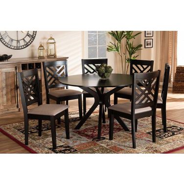 Norah Modern and Contemporary Sand Fabric Upholstered and Dark Brown Finished Wood 7-Piece Dining Set