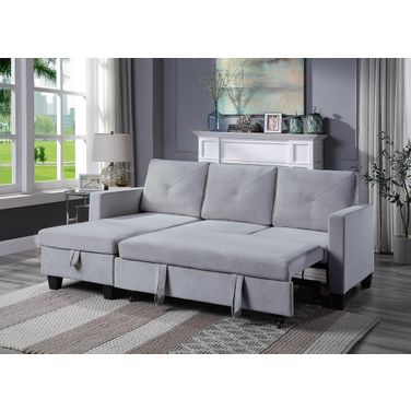 Nova Light Gray Velvet Reversible Sleeper Sectional Sofa With Storage Chaise