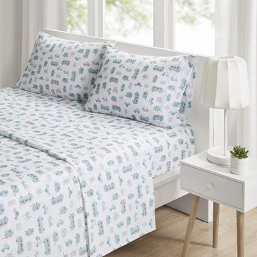 Novelty Polyester Microfiber Printed 4 Piece Queen Sheet Set In Grey/Blue Road Trip