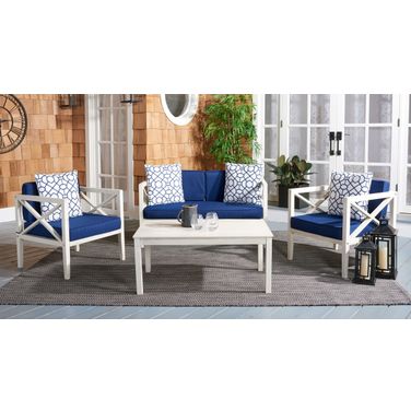 Nunzio 4 Piece Outdoor Set with Accent Pillows In White and Navy PAT7031J
