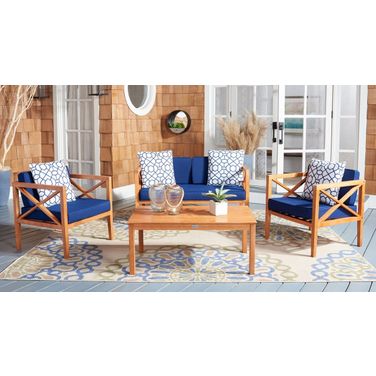 Nunzio 4 Piece Outdoor Set with Accent Pillows In White and Navy PAT7031K