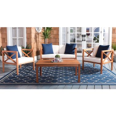 Nunzio Teak, White and Navy 4-Piece Outdoor Set with Accent Pillows