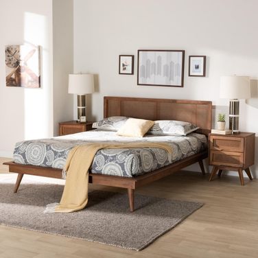 Nura Wood and Rattan 3 Piece Queen Bedroom Set In Walnut Brown
