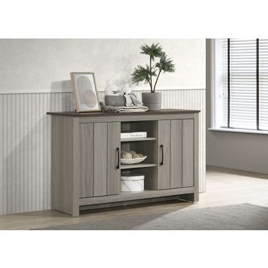 Nyla 47 Inch Console Table, Buffet Table, Sideboard with Shelves and Cabinet Doors In Gray Oak