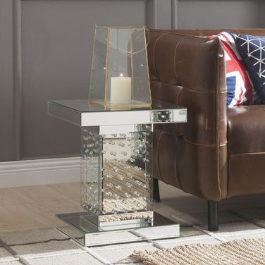 Nysa Mirrored and Faux Crystals Square End Table In Silver