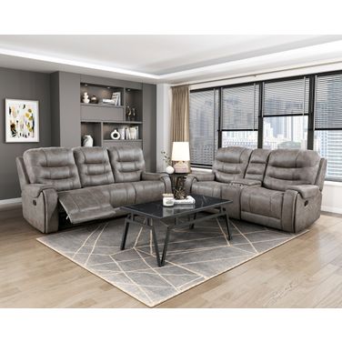 Oberon Double Reclining Living Room Set In Brown and Gray