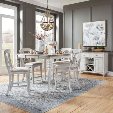 Ocean Isle Antique White And Weathered Pine Extendable Gathering Height Dining Room Set