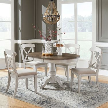 Ocean Isle Antique White And Weathered Pine Extendable Single Pedestal Dining Room Set