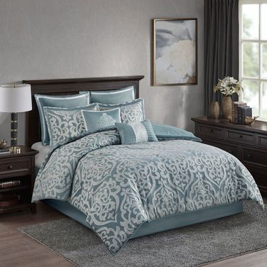 Odette 8 Piece Jacquard California King Comforter Set In Aqua and Silver