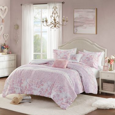 Oliena Floral Paisley 4 Piece Twin/Twin XL Comforter Set In Pink