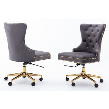 Olivia Swivel Office Chair with Tufted Seat Back In Dark Gray Velvet and Gold Chrome