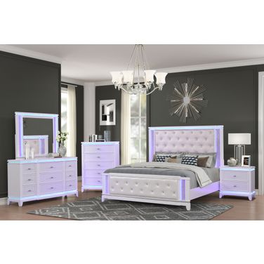 Opium 4 Piece Storage King Bedroom Set with LED Headboard In Off White