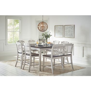 Orchard Park 60 Inch 8 Piece Farmhouse Counter Height Dining Room Set with Bench In Soft Grey