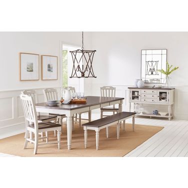 Orchard Park 96 Inch 8 Piece Farmhouse Dining Room Set with Bench In Soft Grey