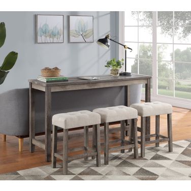 Oriana 4 Piece Counter Height 36 Inch Pub Table Set with Tufted Creamy White Linen Stools In Brown
