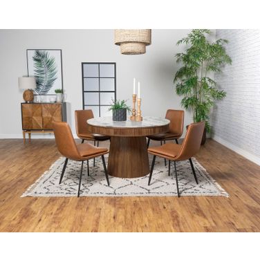 Ortega Round Marble Top Dining Room Set In White and Natural