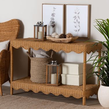 Oteria Scalloped Rattan Console Table In Light Honey