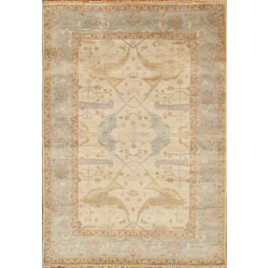 Oushak Collection Hand-Knotted Lamb's Wool Area Rug- 12' 5" x 17'11" In Ivory and Light Blue