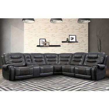 Outlaw Stallion 6 Piece Modular Power Sectional With Drop Down Table and Power Adjustable Headrests In Dark Grey