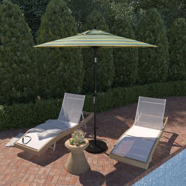 Pacific Trail 7.5' Patio Umbrella with Aluminum Pole Ribs Push Button Tilt Crank Lift with Sunbrella Fabric In Astoria Lagoon and Stone Black