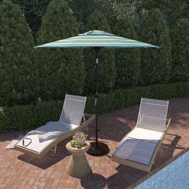 Pacific Trail 7.5' Patio Umbrella with Aluminum Pole Ribs Push Button Tilt Crank Lift with Sunbrella Fabric In Seville Seaside and Bronze