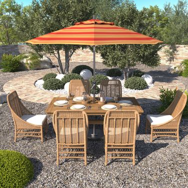 Pacific Trail 9' Patio Umbrella with Aluminum Pole Ribs Push Button Tilt Crank Lift with Sunbrella Fabric In Astoria Sunset and Hammertone Grey