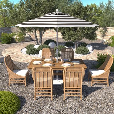 Pacific Trail 9' Patio Umbrella with Aluminum Pole Ribs Push Button Tilt Crank Lift with Sunbrella Fabric In Cabana Classic and Matte White