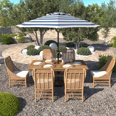 Pacific Trail 9' Patio Umbrella with Aluminum Pole Ribs Push Button Tilt Crank Lift with Sunbrella Fabric In Cabana Regatta and Bronze