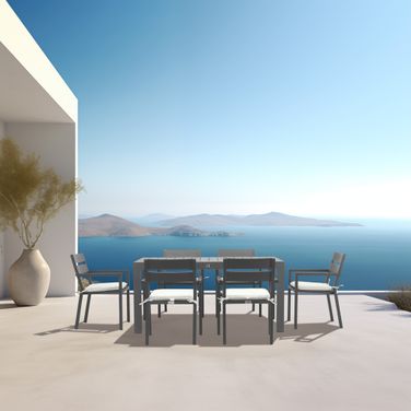 Pacifica Classic 6 Seat Rectangular Dining Set In Canvas Natural and Slate
