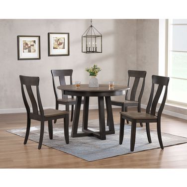 Panel Back 5-Piece Cross Pedestal Dining Set In Grey Stone and Black Stone