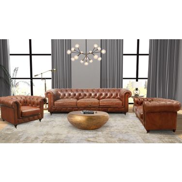 Paris Club Top Grain Leather Tufted Chester Bay Living Room Set In Brown
