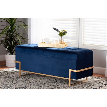 Parker Glam and Luxe Navy Blue Velvet Upholstered and Gold Metal Finished Storage Ottoman