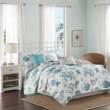 Pebble Beach 6 Piece Cotton Sateen Full/Queen Quilt Set with Throw Pillows In Aqua