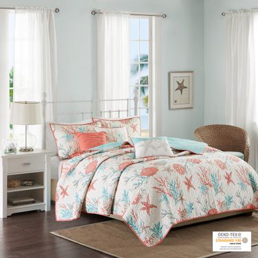 Pebble Cotton Sateen Printed 6 Piece King Coverlet Set In Coral