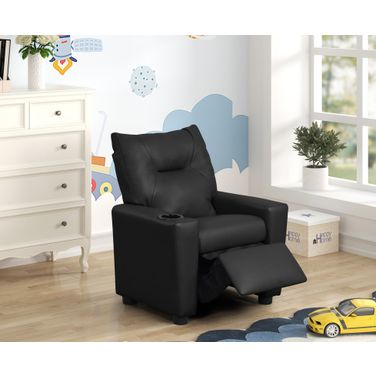 Perline 23 Inch PVC Fabric Kids Recliner Chair with Cupholder In Black