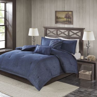 Perry Cotton Oversized Denim 5 Piece King Comforter Set In Blue