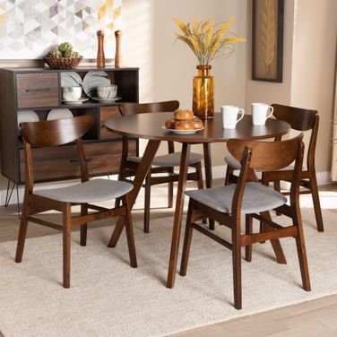 Philip Mid-Century Modern Transitional Light Grey Fabric Upholstered and Walnut Brown Finished Wood 5-Piece Dining Set