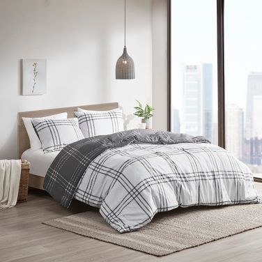 Pike Plaid Reversible 2 Piece Comforter Set In White and Gray