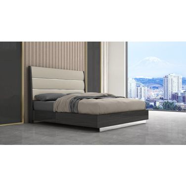 Pino King Dark Grey High Gloss Bed Frame With Faux Leather Headboard