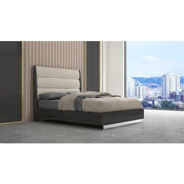 Pino Queen Bed With High Gloss Dark Grey Faux Leather And Stainless Steel Legs