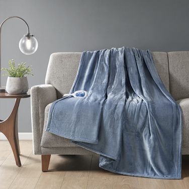 Plush Polyester Knitted Solid Microlight Heated Throw In Sapphire Blue