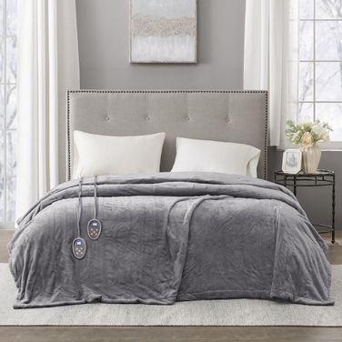 Plush Polyester Solid Microlight Heated King Blanket In Grey