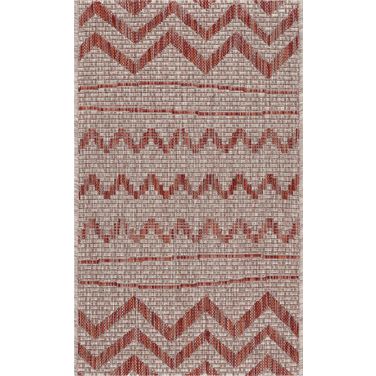 Pluvi 1'10" x 3' Sunshower Geometric Chevron Indoor/Outdoor Area Rug In Red and Beige