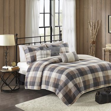 Polyester 6 Piece Herringbone Printed King Coverlet Set In Neutral