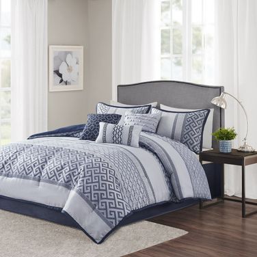 Polyester 7 Pieces Jacquard King Comforter Set In Navy