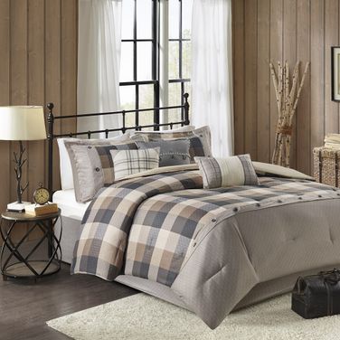 Polyester 7 Piece Herringbone Printed King Comforter Set In Neutral